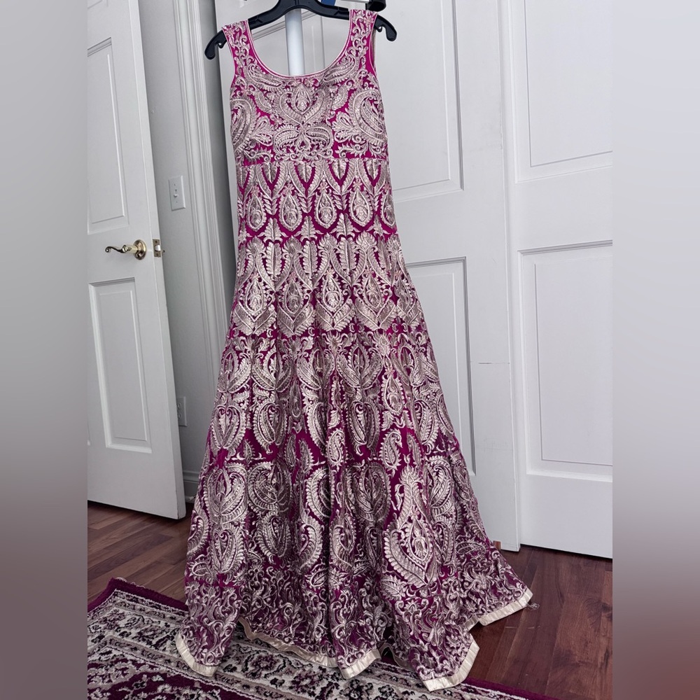 Elegant Purple and Cream Patterned Gown
